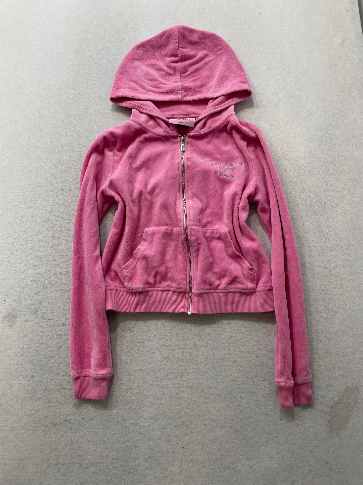 Juicy Couture Women's Bubblegum Pink Velour Zip Up Hoodie Rhinestone Logo Size M
