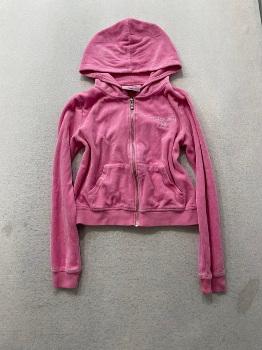 Juicy Couture Women's Bubblegum Pink Velour Zip Up Hoodie Rhinestone Logo Size M
