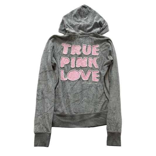 Vintage Victoria's Secret PINK Womens Grey Velour Zip-Up Hoodie Patchwork Size M