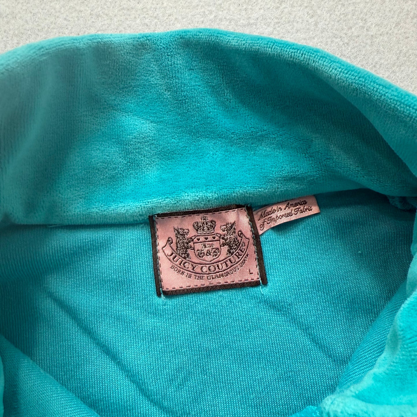 Vintage Juicy Glitter Couture Women's Aqua Blue Velour Track Jacket Logo Size L