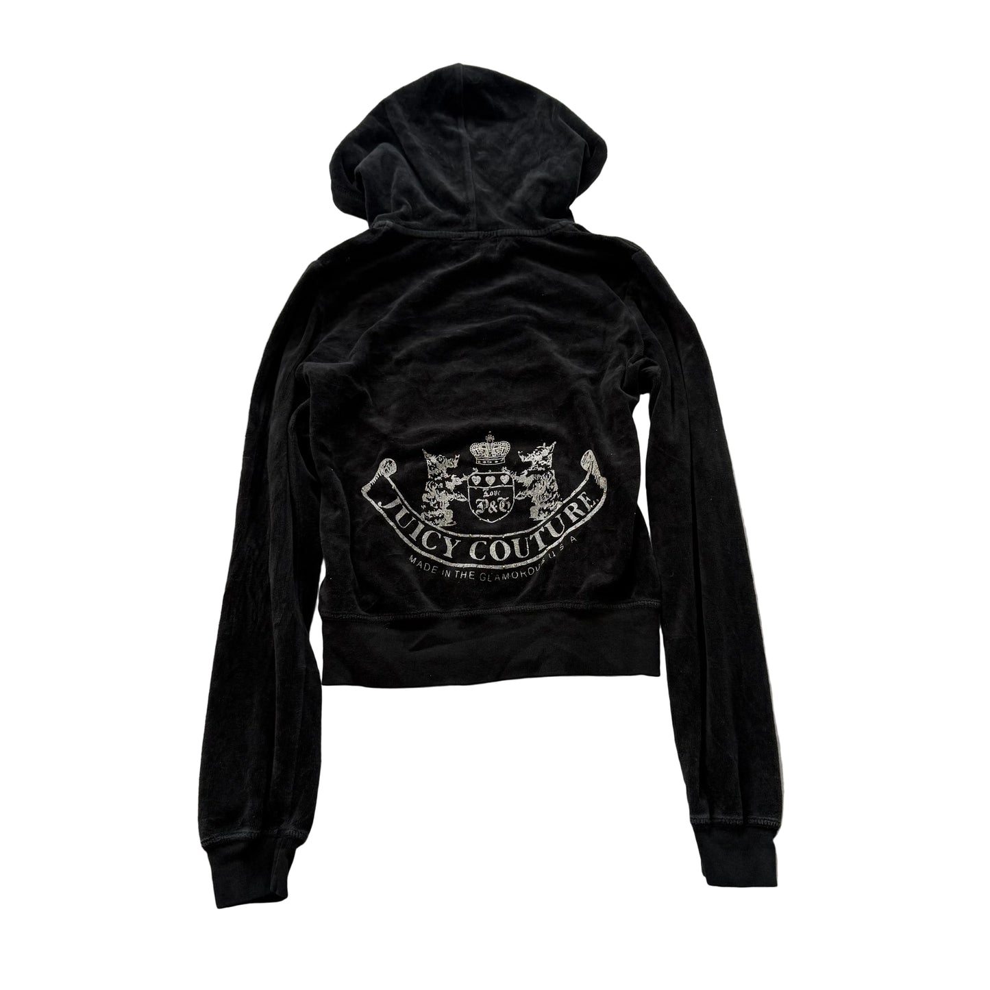 Vintage Juicy Couture Women's Black Velour Full Zip Cropped Hoodie Logo Size S