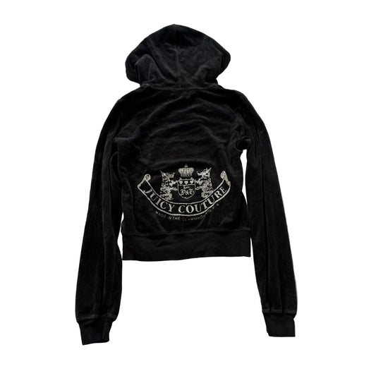 Vintage Juicy Couture Women's Black Velour Full Zip Cropped Hoodie Logo Size S