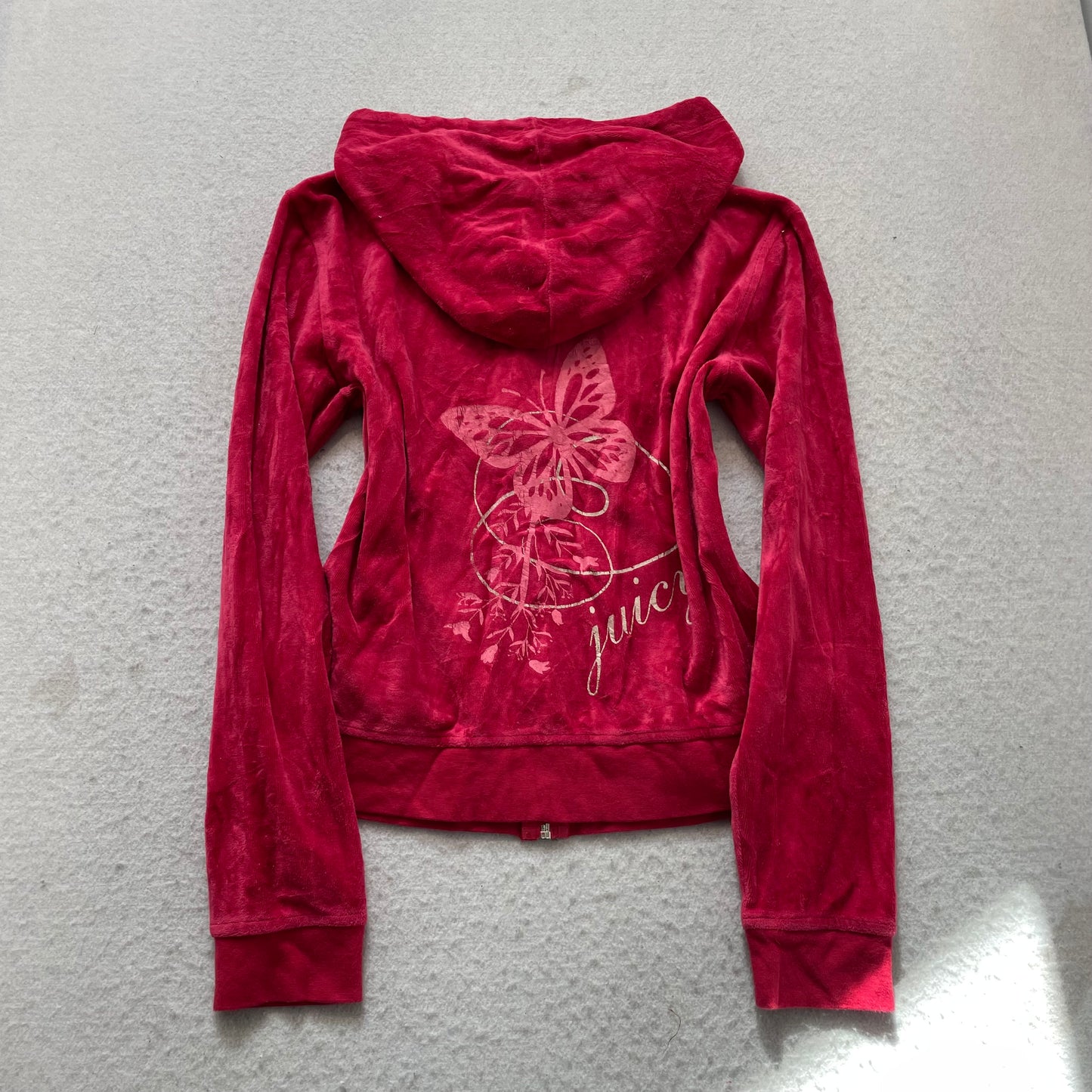 Juicy Couture Women's Red Velour Zip-Up Hoodie Butterfly Graphic Pockets Size M