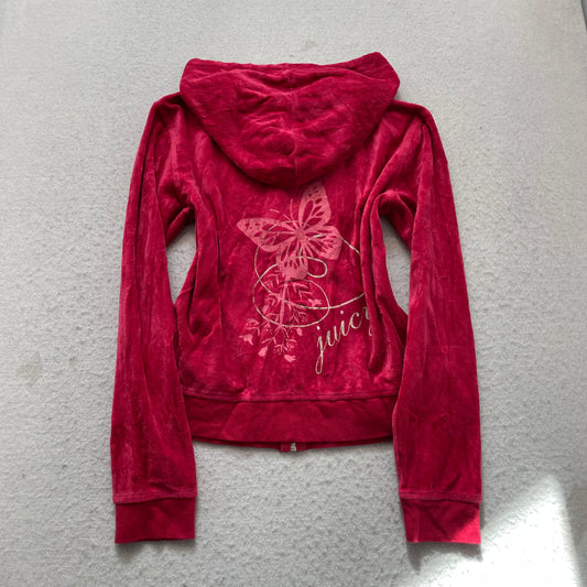 Juicy Couture Women's Red Velour Zip-Up Hoodie Butterfly Graphic Pockets Size M