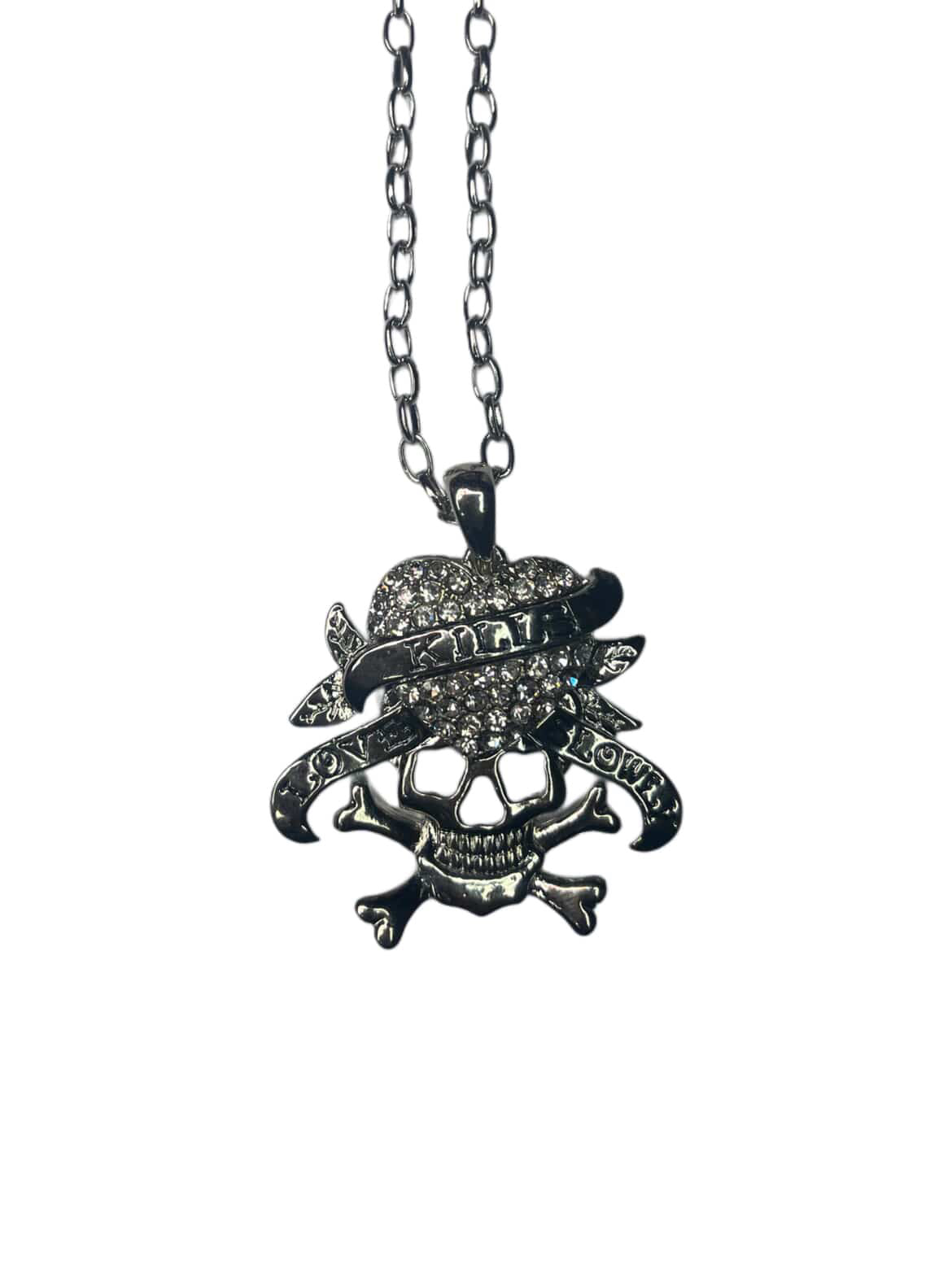 ED HARDY “Love Kills Slowly” SILVER STAINLESS STEEL RHINESTONE NECKLACE