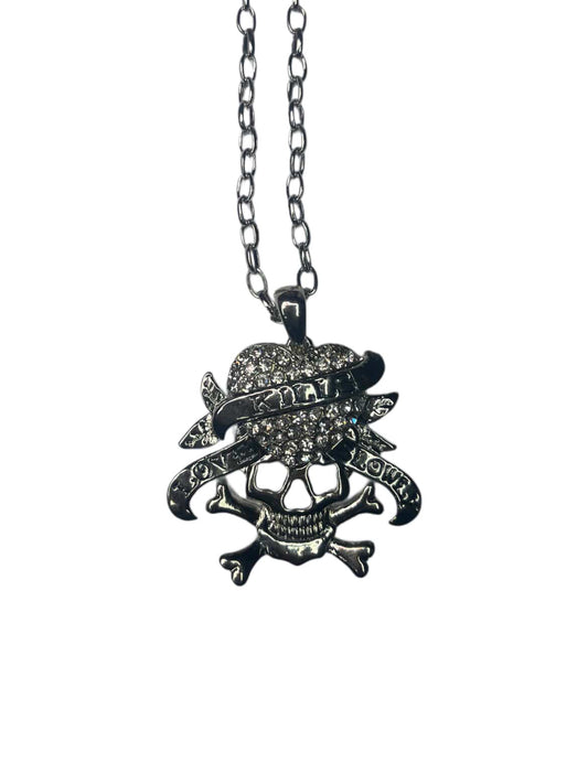 ED HARDY “Love Kills Slowly” SILVER STAINLESS STEEL RHINESTONE NECKLACE
