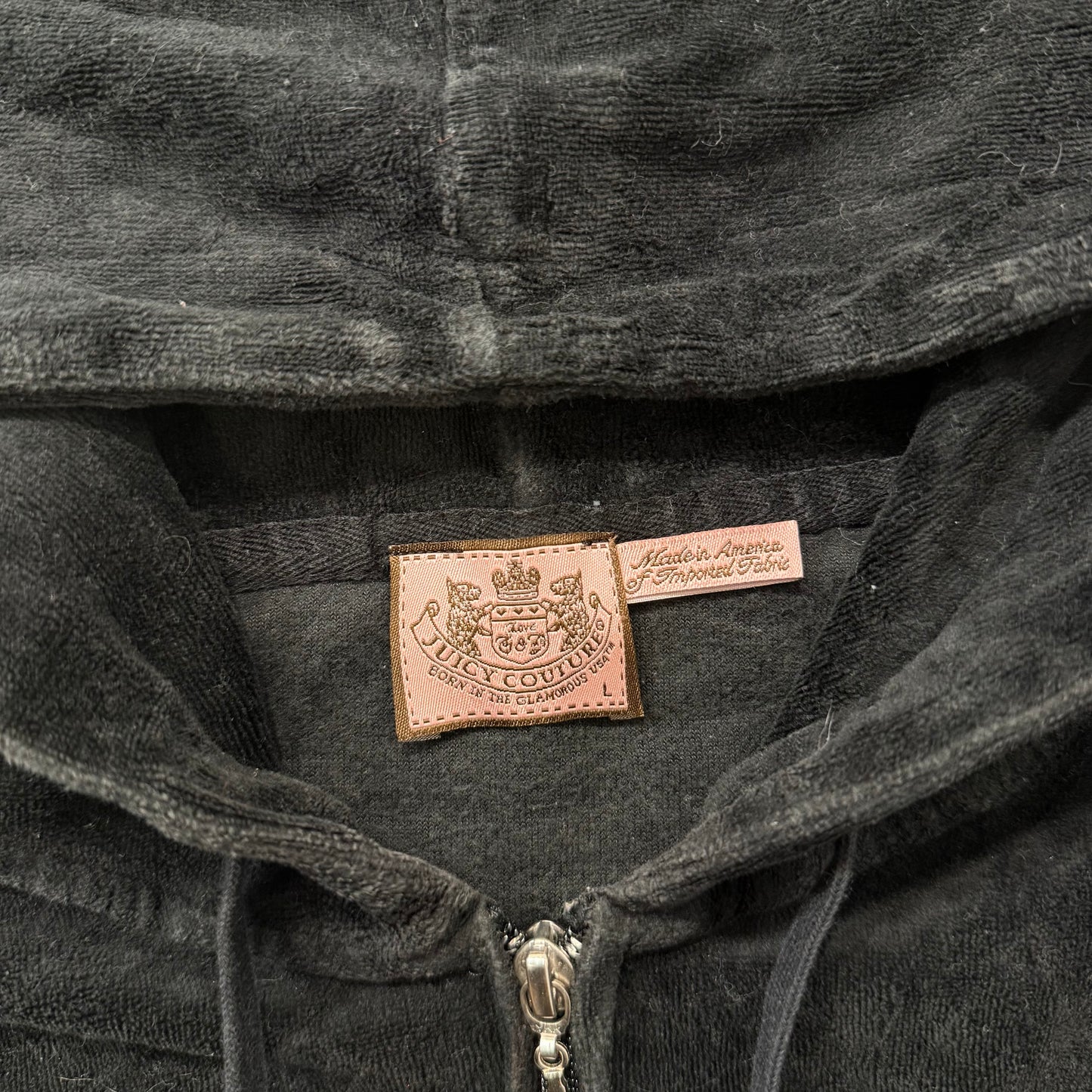 Juicy Couture Black Velour Tracksuit Set Zip Up Hoodie & Flared Pants Y2K Size L