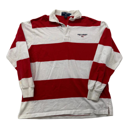 Polo Sport Ralph Lauren Red White Striped Cotton Polo Shirt Long Sleeves Size M