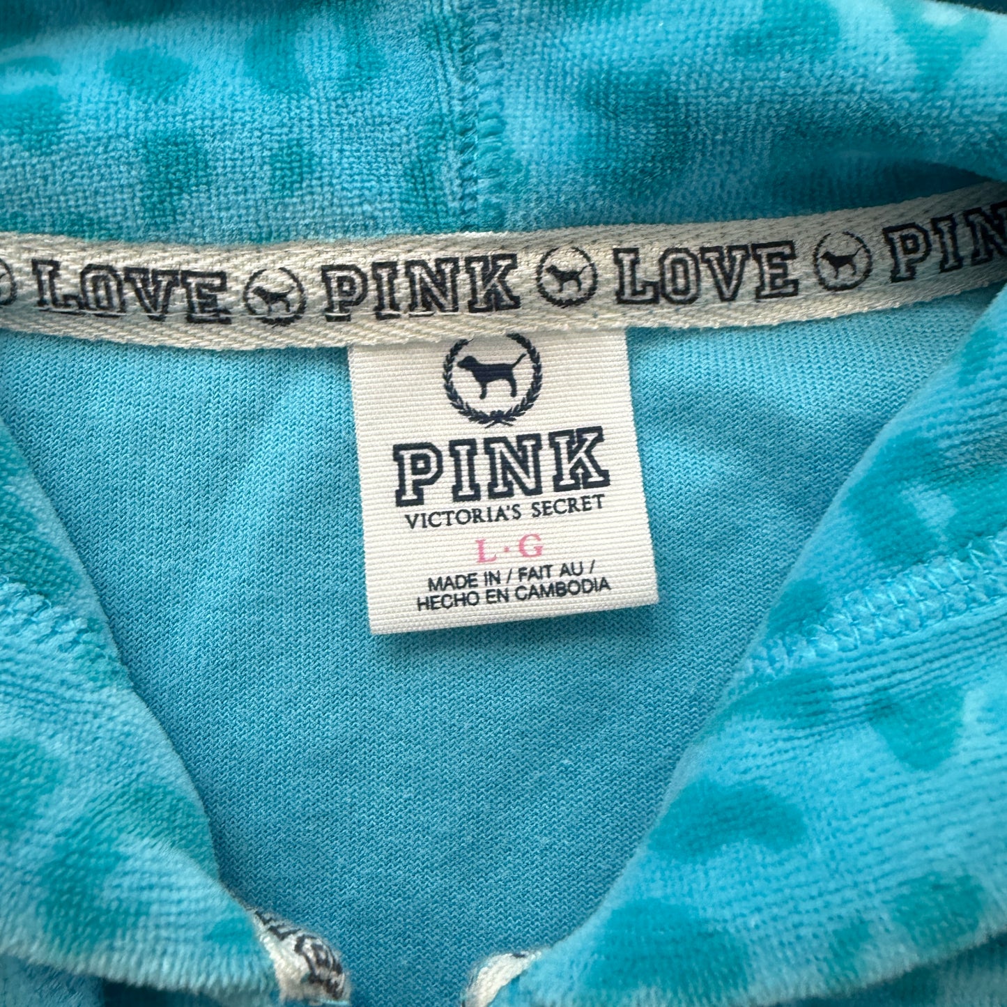 Victoria's Secret PINK Womens Bright Cyan Leopard Print Velour Zip-Up Hoodie - L