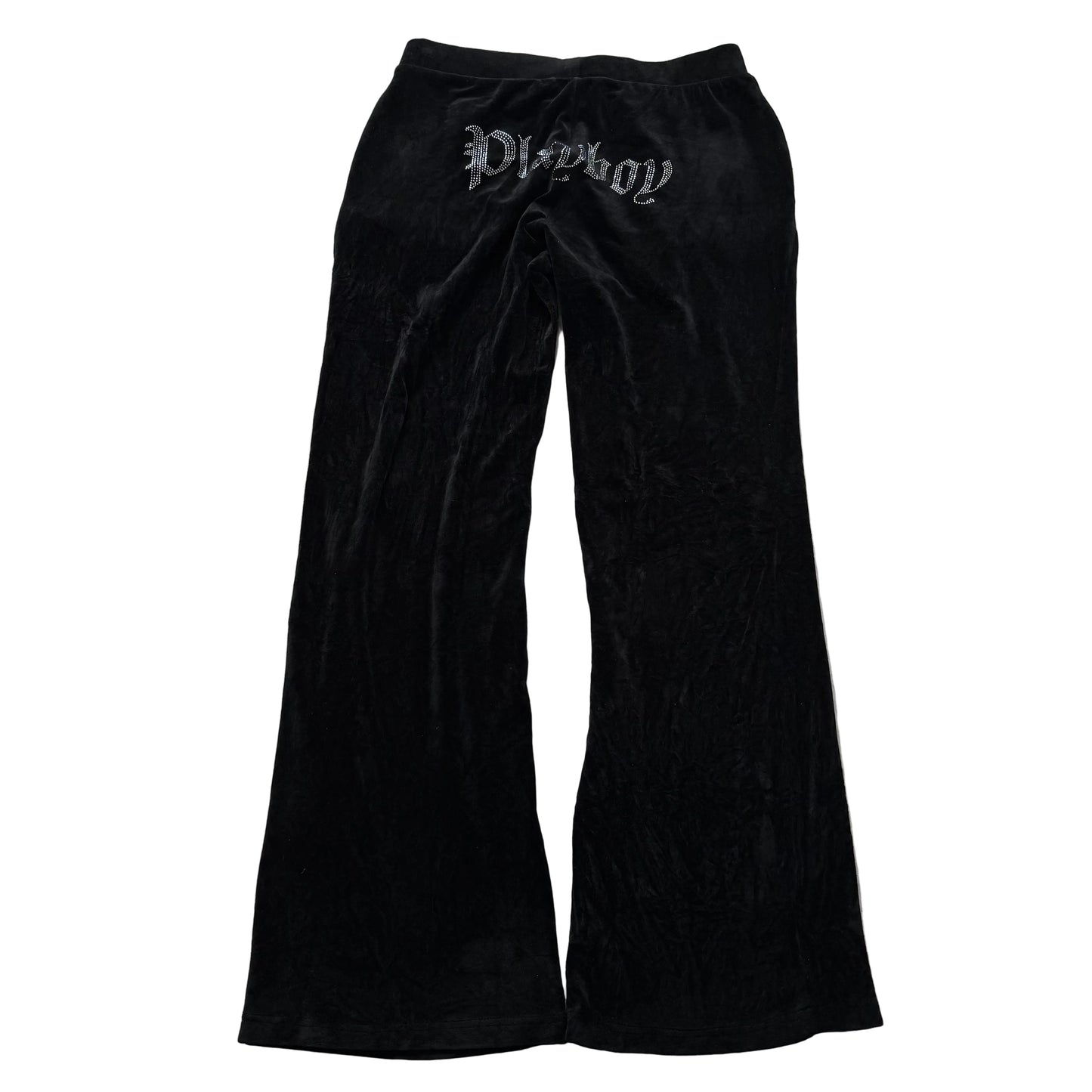 Playboy Women's Solid Black Velour Flared Track Pant Rhinestone Logo Y2K Size XL