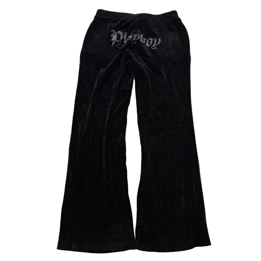 Playboy Women's Solid Black Velour Flared Track Pant Rhinestone Logo Y2K Size XL