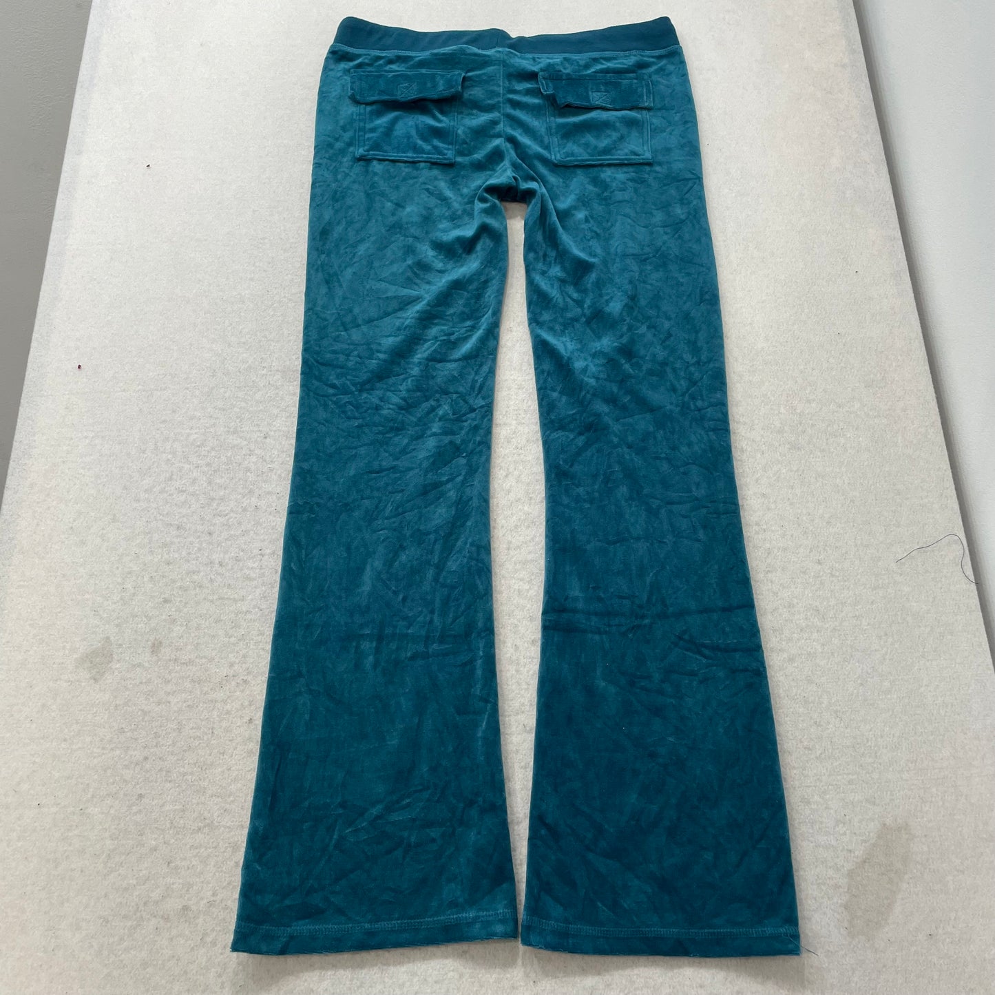 Vintage Juicy Couture Women's Teal Velour Flared Track Pants Pockets Y2k Size S