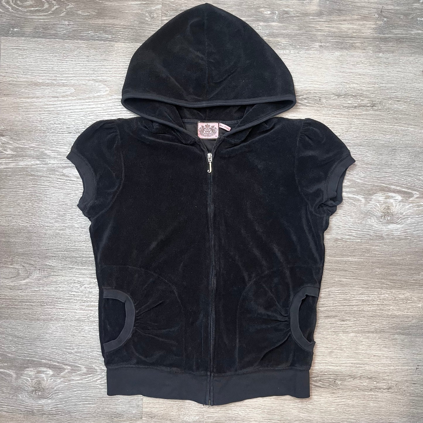 Juicy Couture Scottie Dogs Women's Black Terry Cloth Short Sleeve Hoodie Size XL