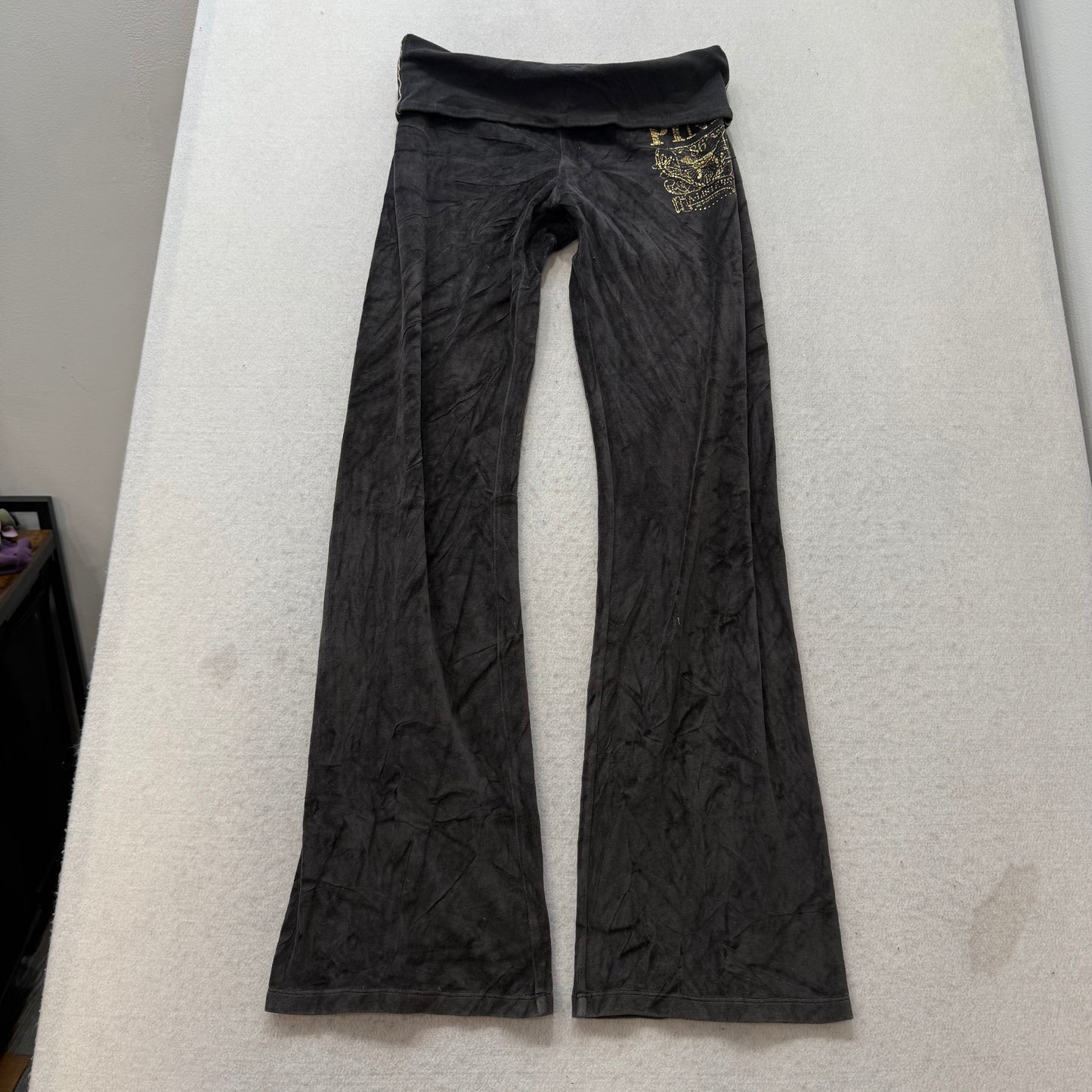 PINK Victoria Secret Womens Charcoal Velour Flare Track Pant Graphic Logo Size S