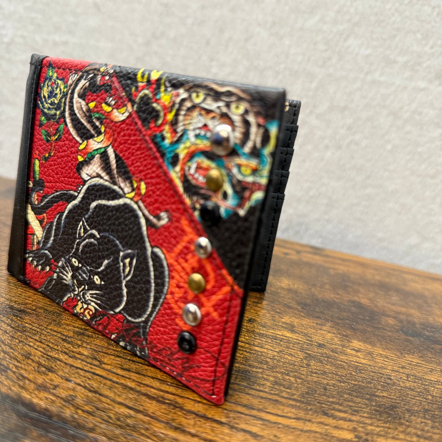 Ed Hardy Black Panther Tiger Tattoo Graphic Print Studded Leather Bifold Wallet