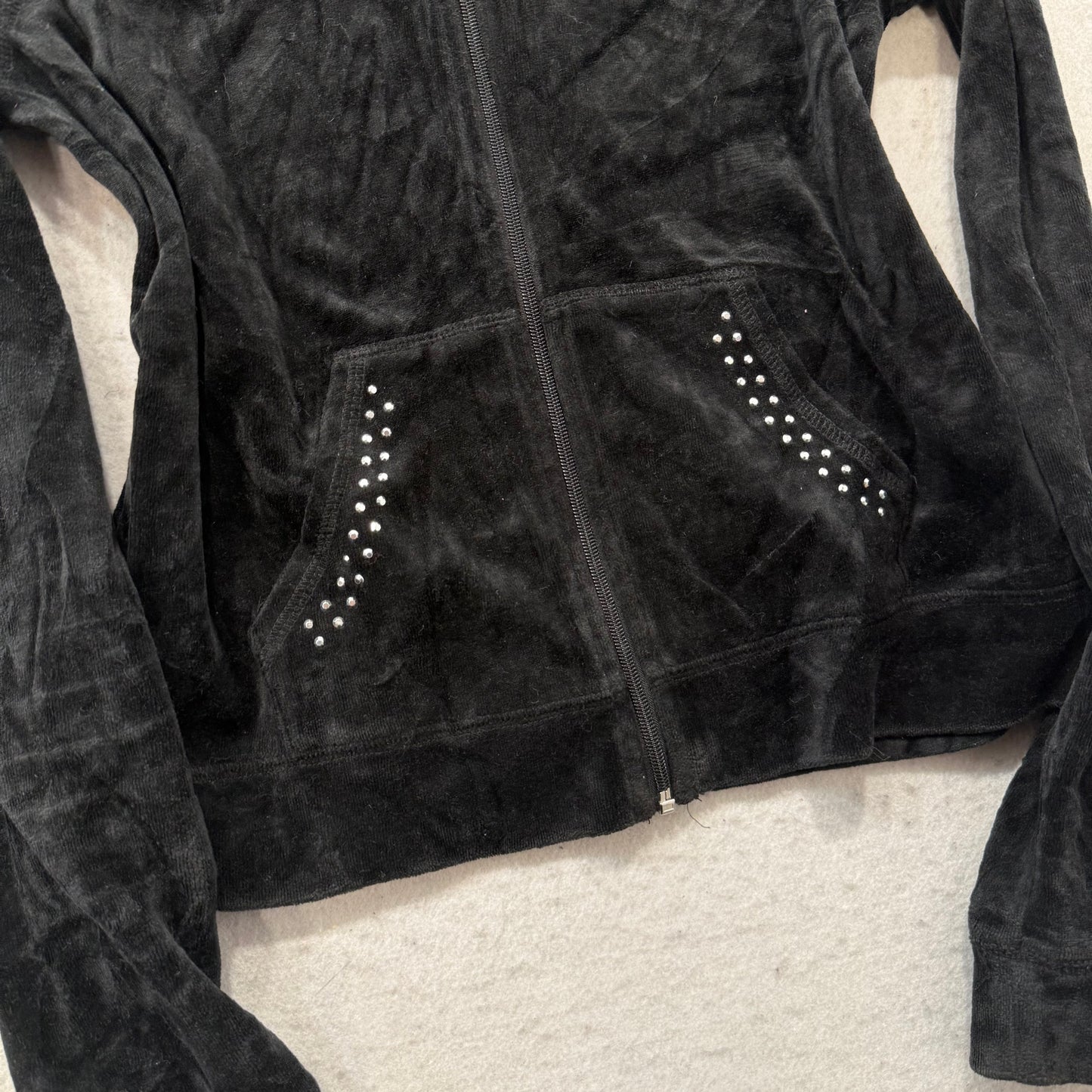 Juicy Couture Women's Black Velour Full Zip Hoodie Bedazzled Graphic Logo Size L
