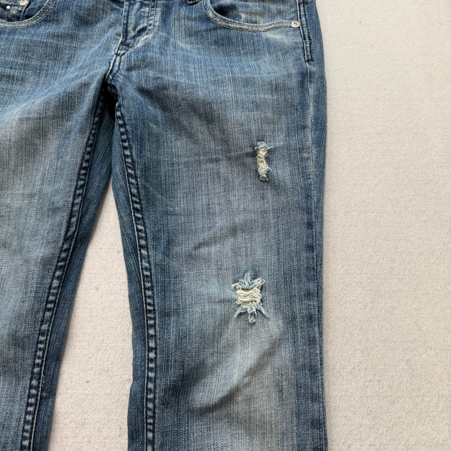 YASO Women's Blue Denim Distressed Bootcut Jeans Low Rise Pockets Y2K Size 5/6