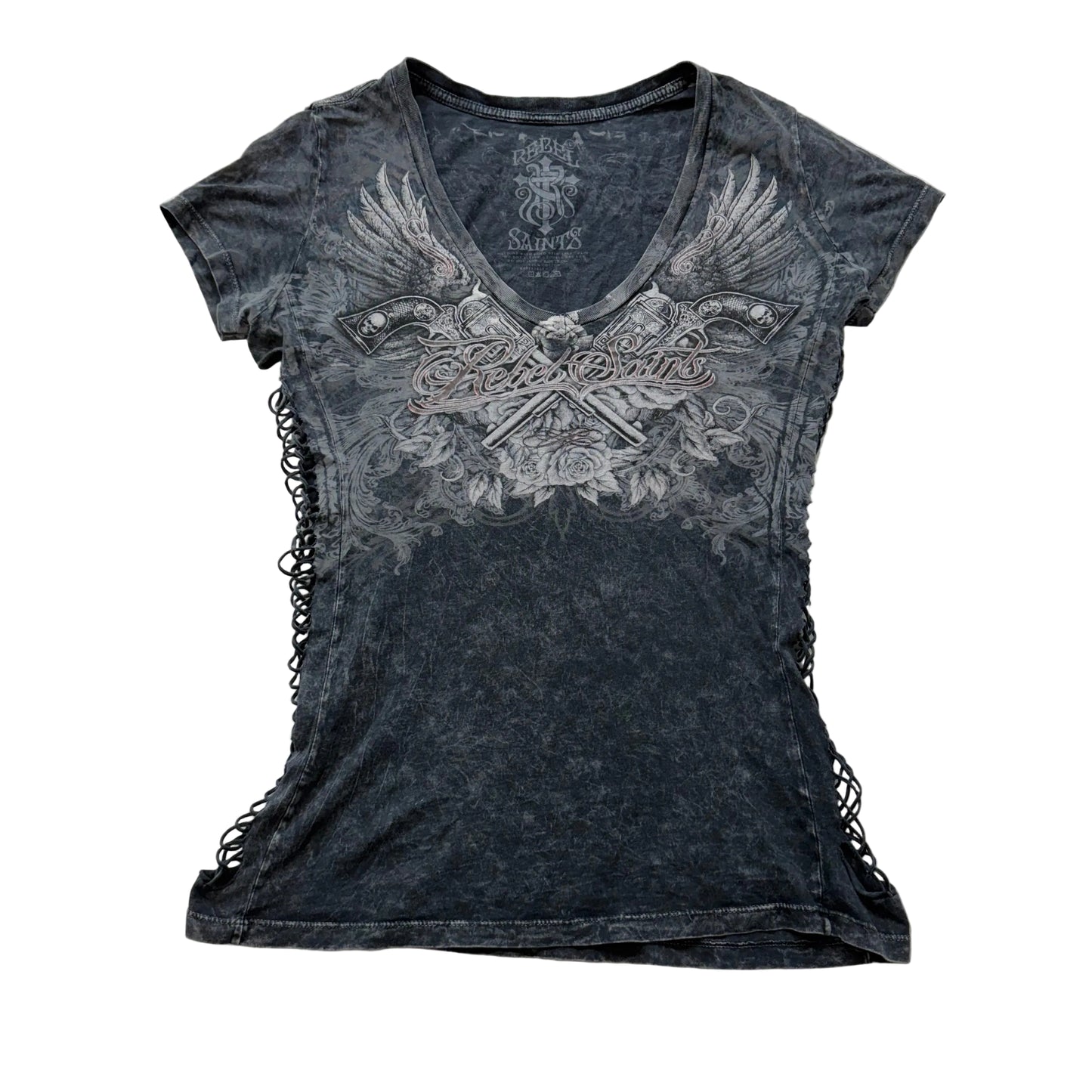 Rebel Saints Women's Charcoal Shirt Short Sleeve Braided Side Graphic Tee Size L