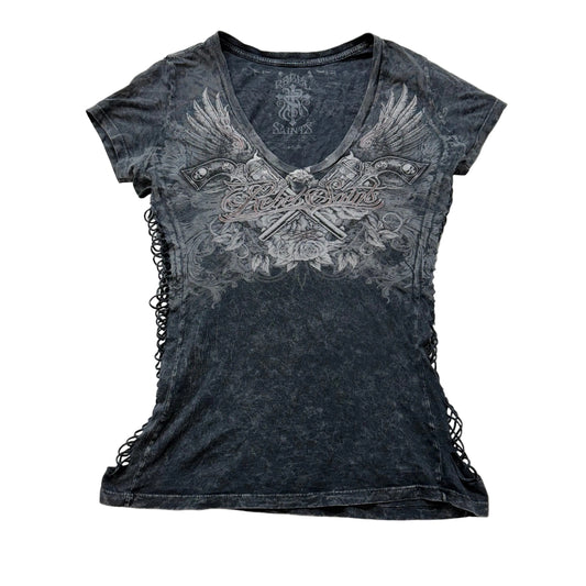 Rebel Saints Women's Charcoal Shirt Short Sleeve Braided Side Graphic Tee Size L
