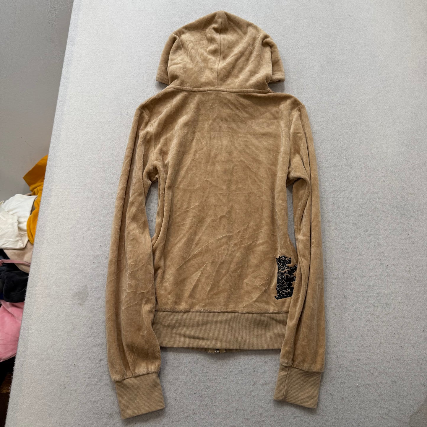 Vintage Juicy Couture Women Tan Velour Full Zip Hoodie Drawstring Pockets Size S