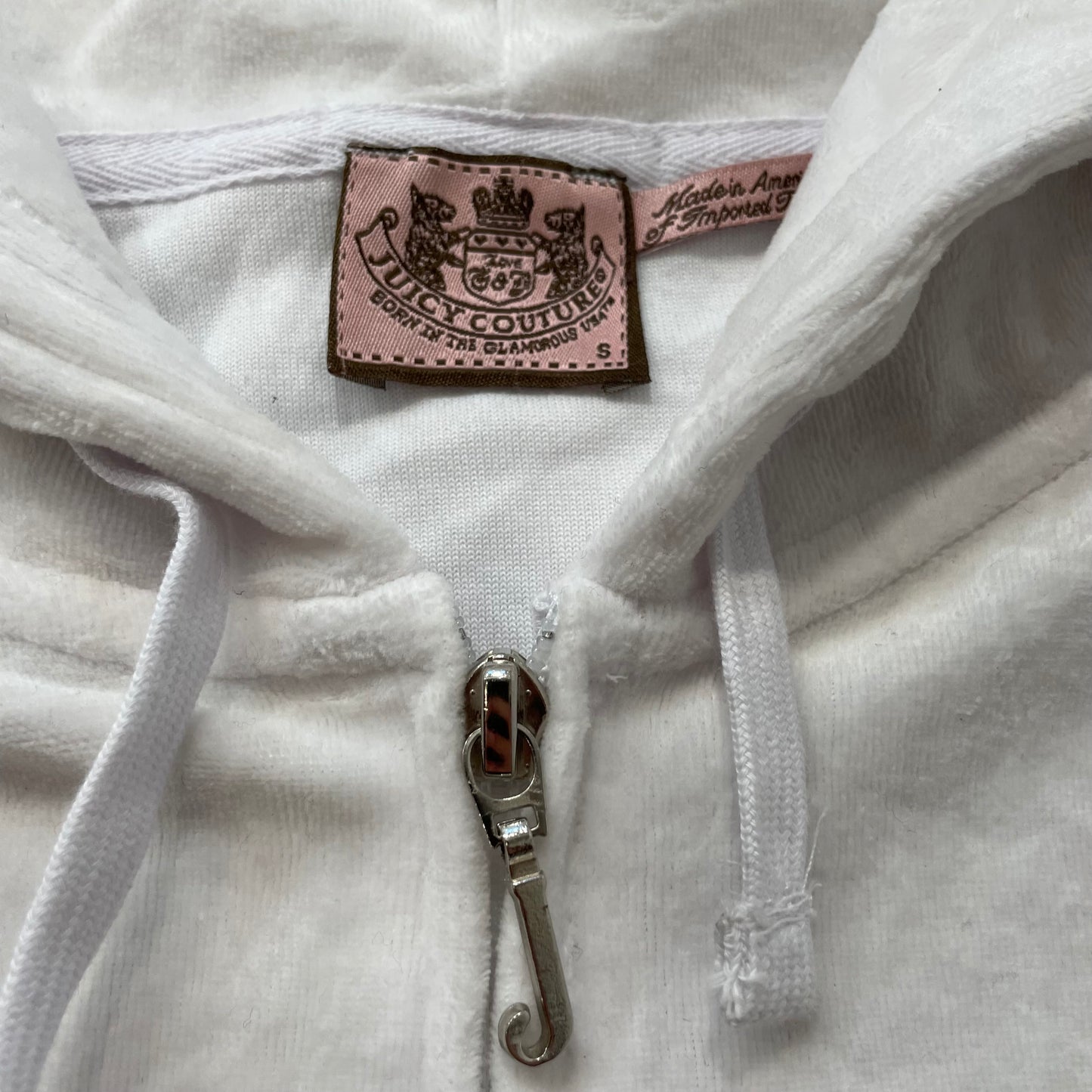 Vintage Juicy Couture Women White Velour Zip-Up Hoodie Drawstring Pockets Size S