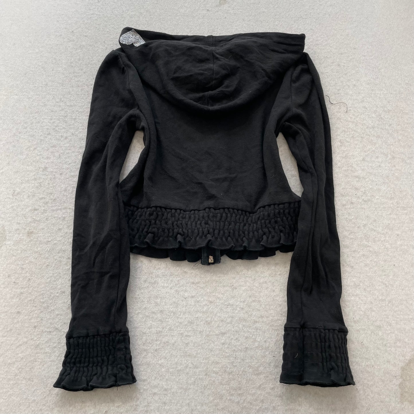 Vintage Bebe Women's Black Velour Zip-Up Cropped Hoodie Rhinestone Logo Size L