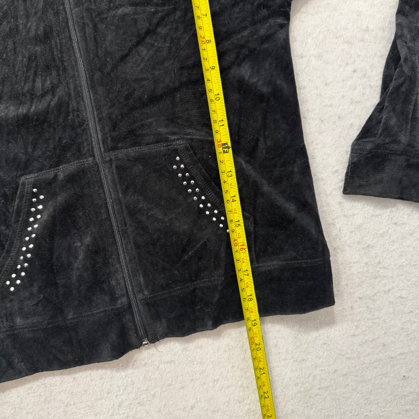 Juicy Couture Women's Black Velour Full Zip Hoodie Bedazzled Graphic Logo Size L