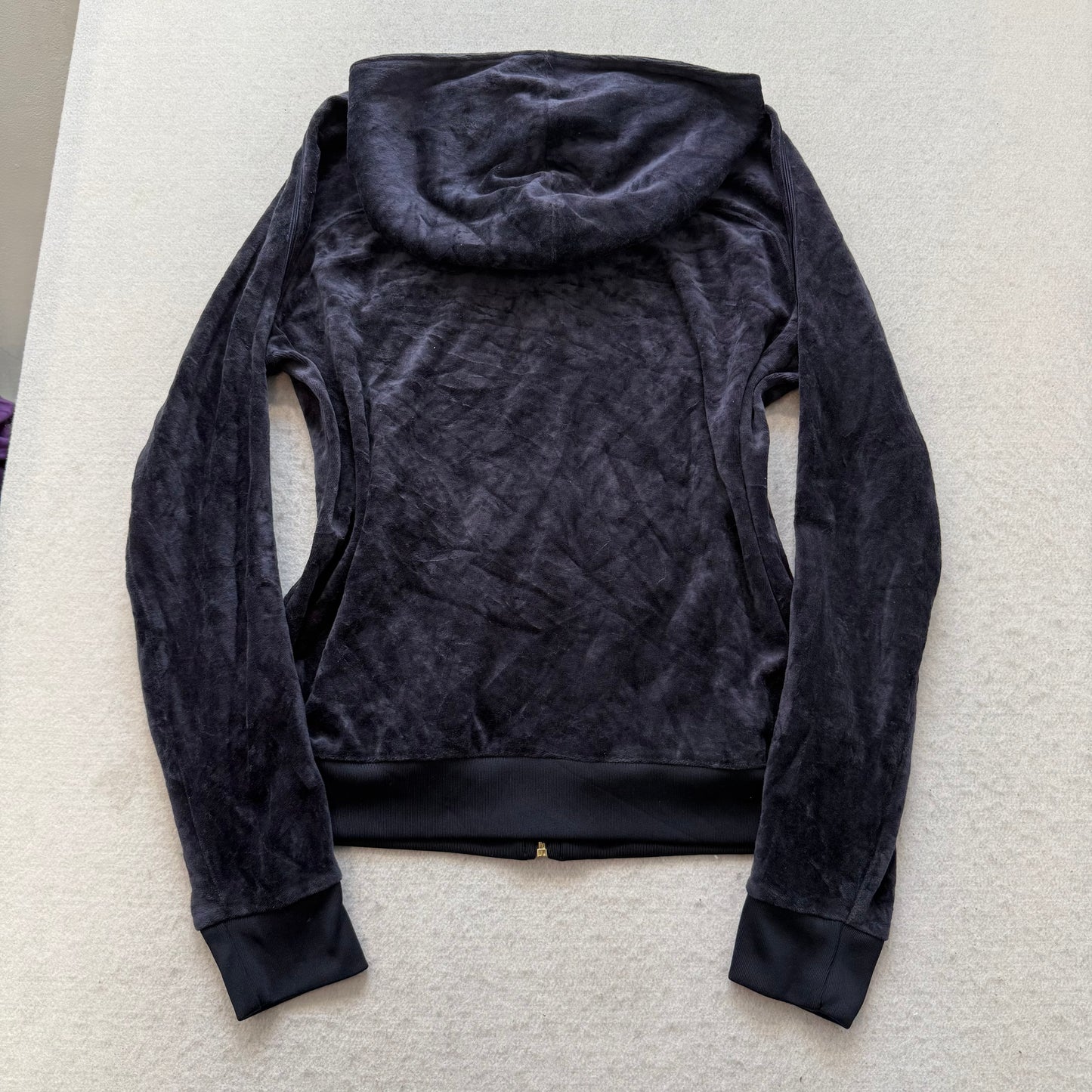 Juicy Couture Women's Navy Velour Zip-Up Hoodie Rhinestone Gold Zipper Size L