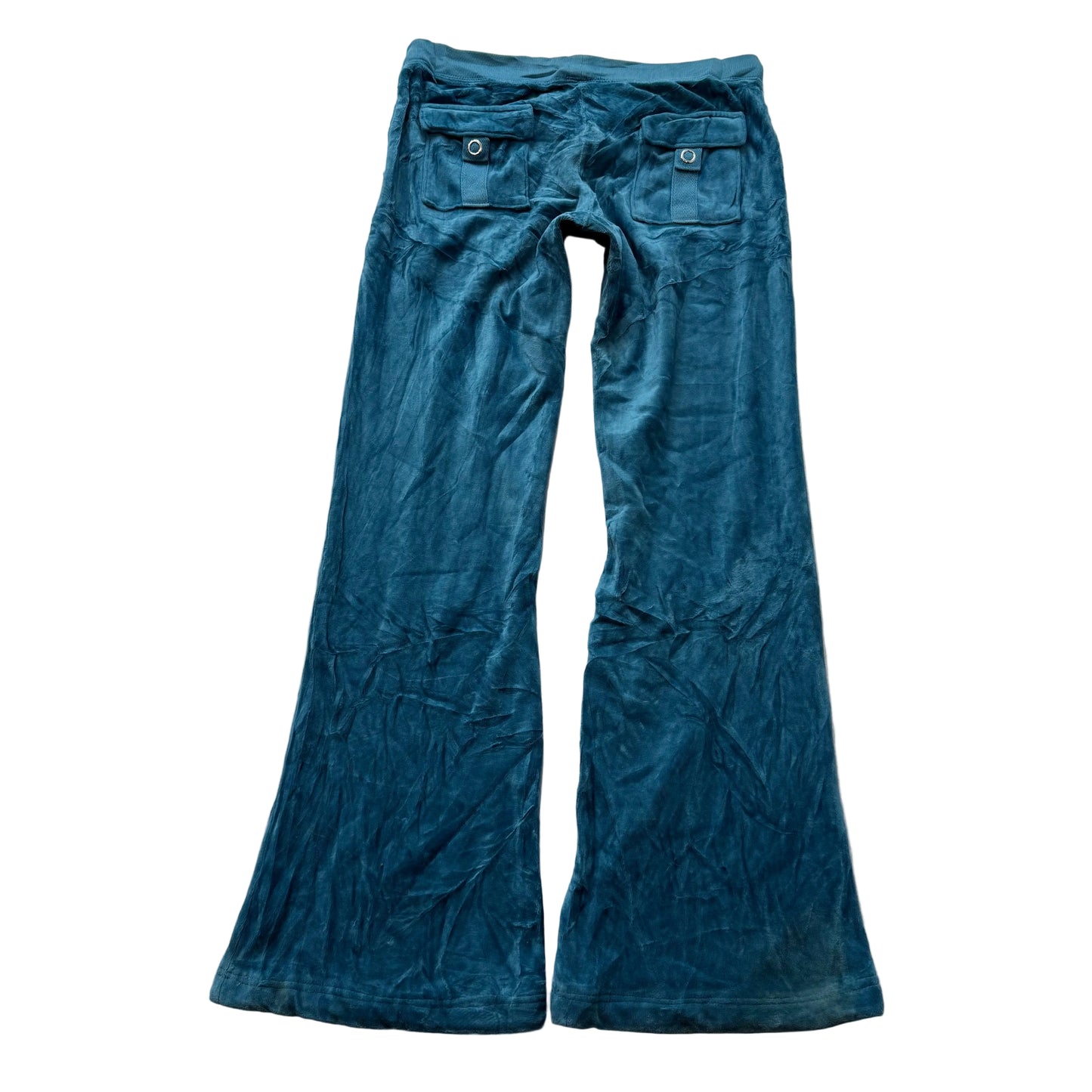 Juicy Couture Women Teal Velour Flare Track Pant Back Flap Pockets Casual Size P