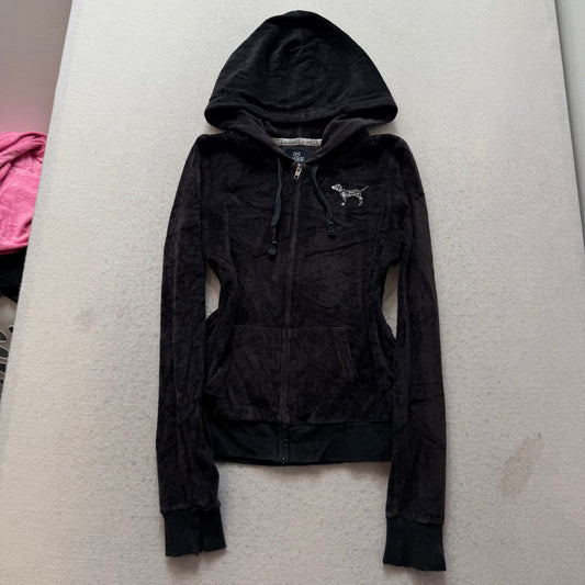 Victoria's Secret PINK Women's Black Velour Zip-Up Hoodie Sequin Logo Size M