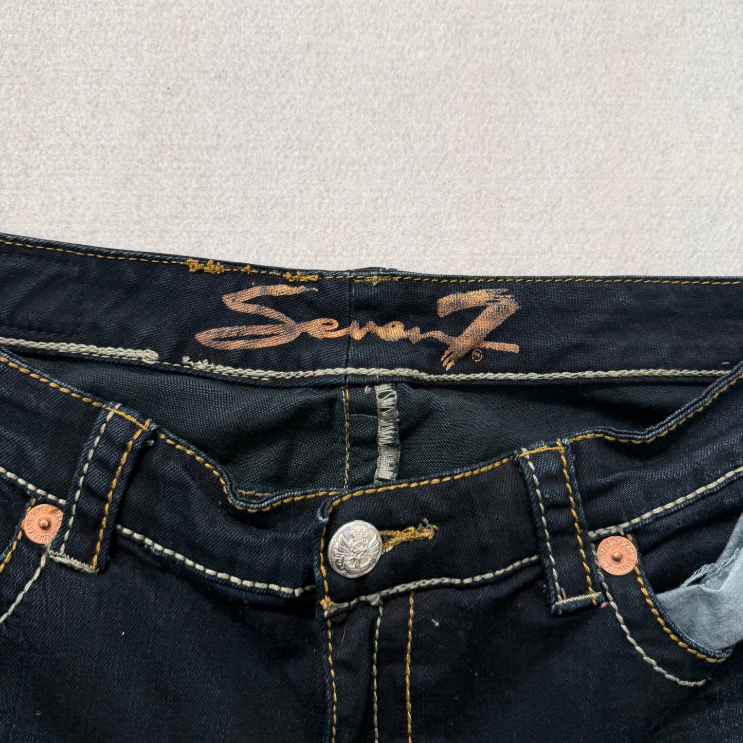 Seven7 Women's Dark Indigo Denim Bootcut Fit Jeans Contrast Stitch Waist 32