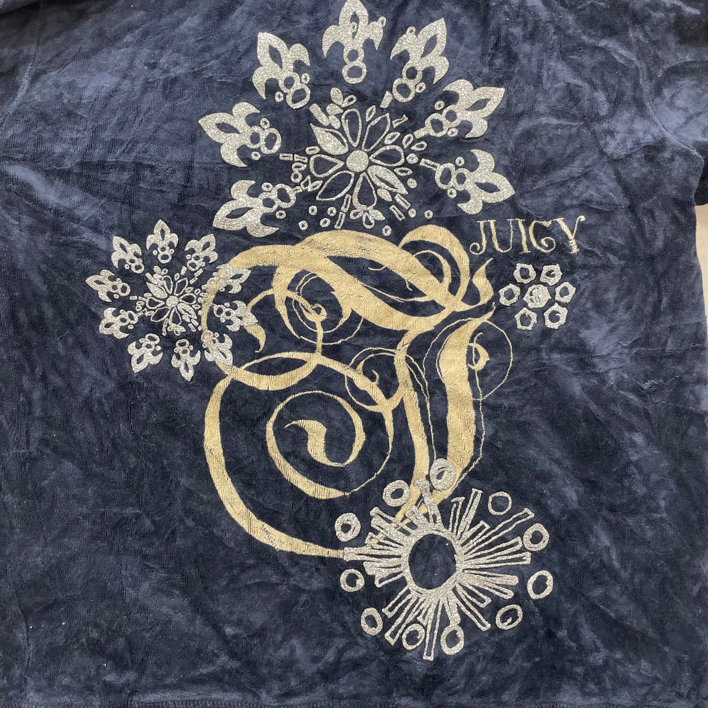 Juicy Couture Women's Navy Blue Velour Zip-Up Hoodie Floral Graphic Logo Size XL