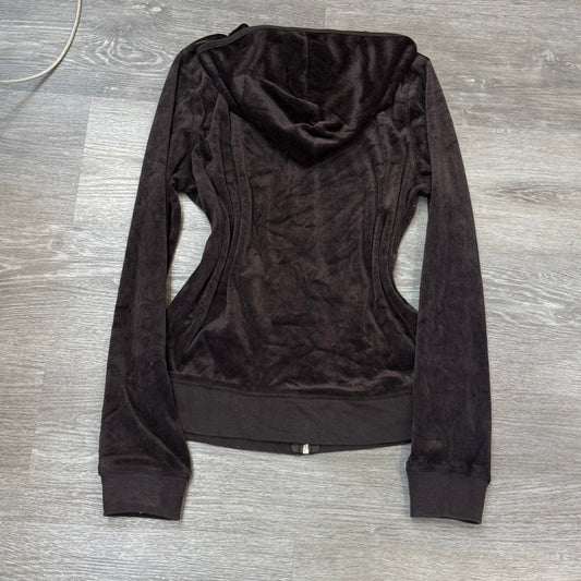 Vintage Juicy Couture Women's Dark Brown Velour Zip-Up Hoodie Loungewear Size L