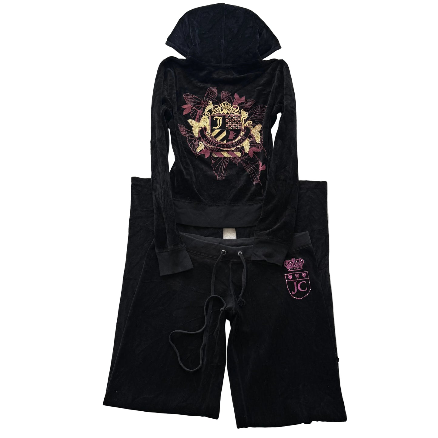 Vtg Juicy Couture Black Velour Tracksuit Set Embroidered Hoodie & Pant Size S