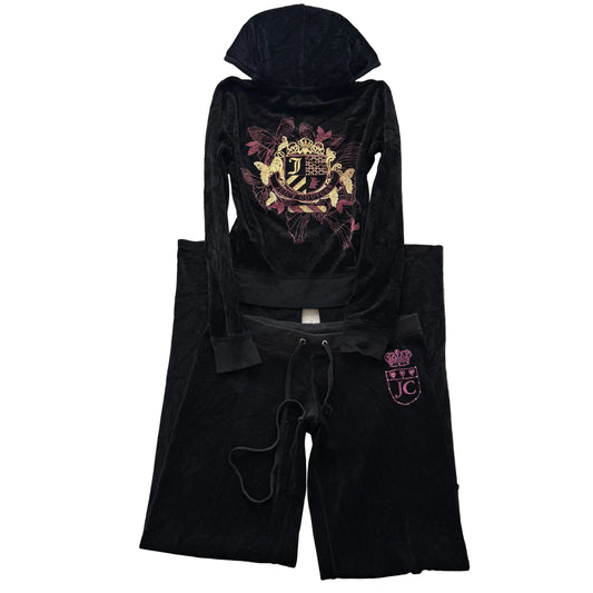 Vtg Juicy Couture Black Velour Tracksuit Set Embroidered Hoodie & Pant Size S