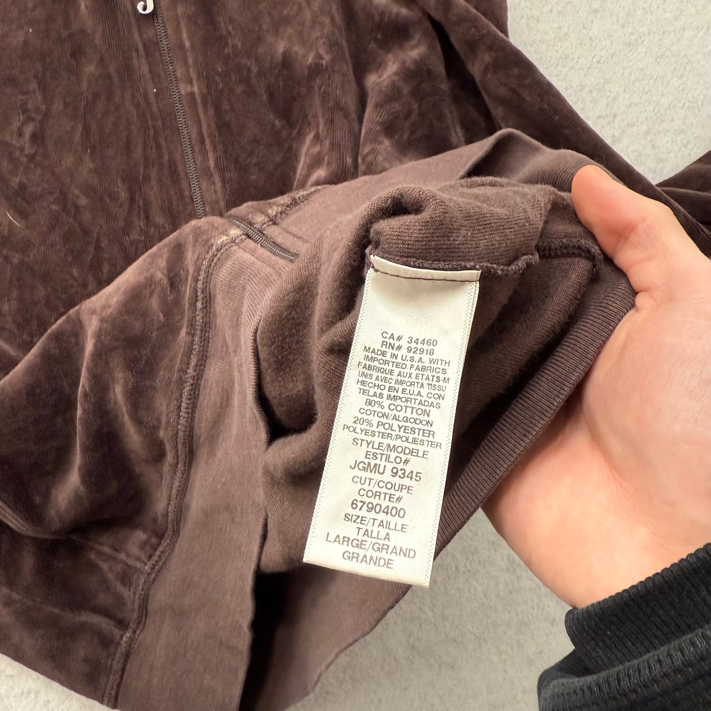 Vintage Juicy Couture Women's Brown Velour Zip Up Hoodie Loungewear Logo Size L