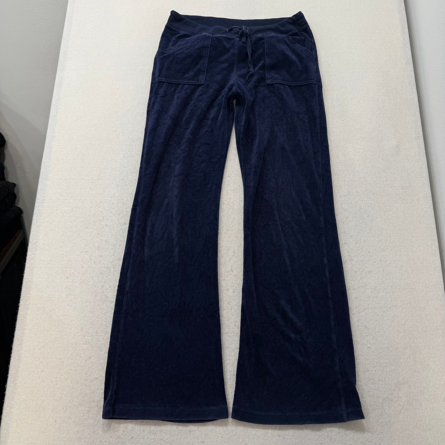 Vintage Juicy Couture Women Navy Velour Flare Track Pant Back Flap Pocket Size L