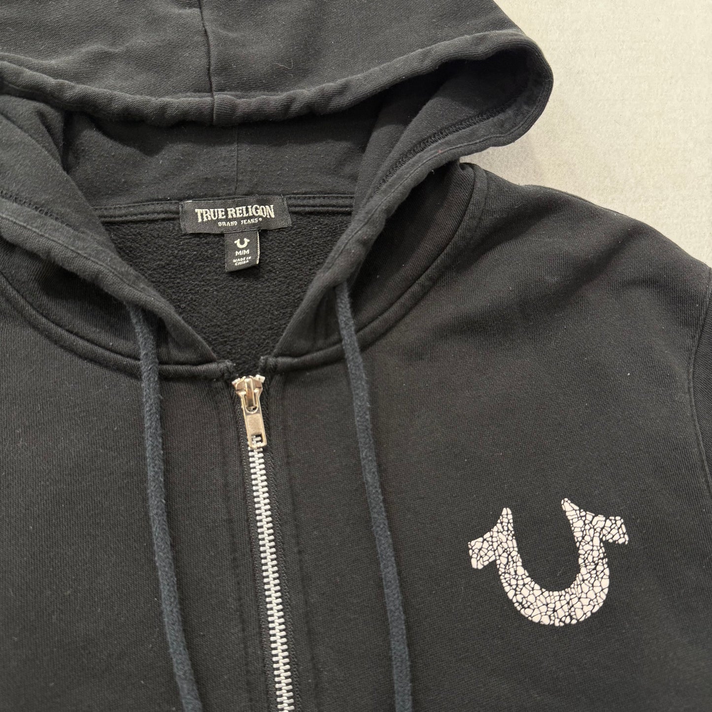 True Religion Men's Black Cotton Zip Up Hoodie Horseshoe Logo Streetwear Size M