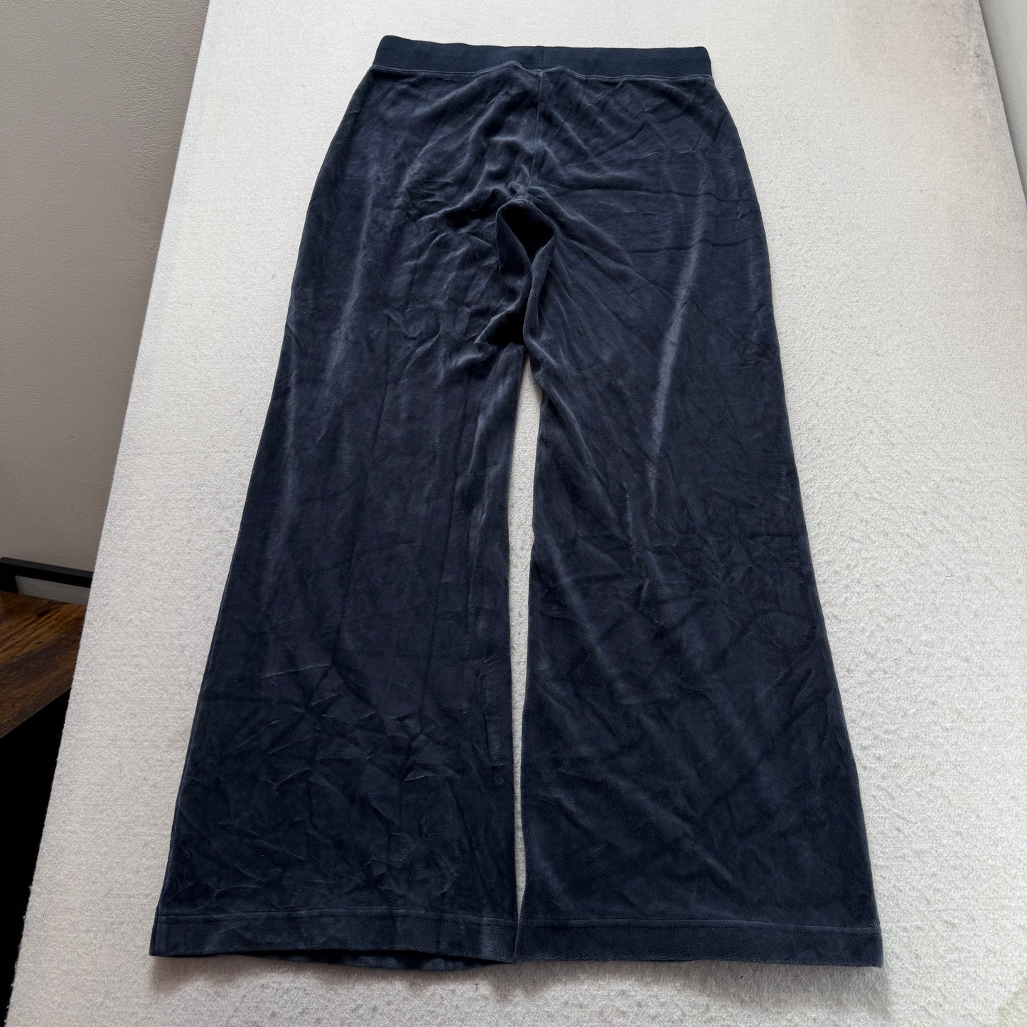 Vintage Juicy Couture Women Navy Velour Flared Track Pant Drawstring Logo Size L