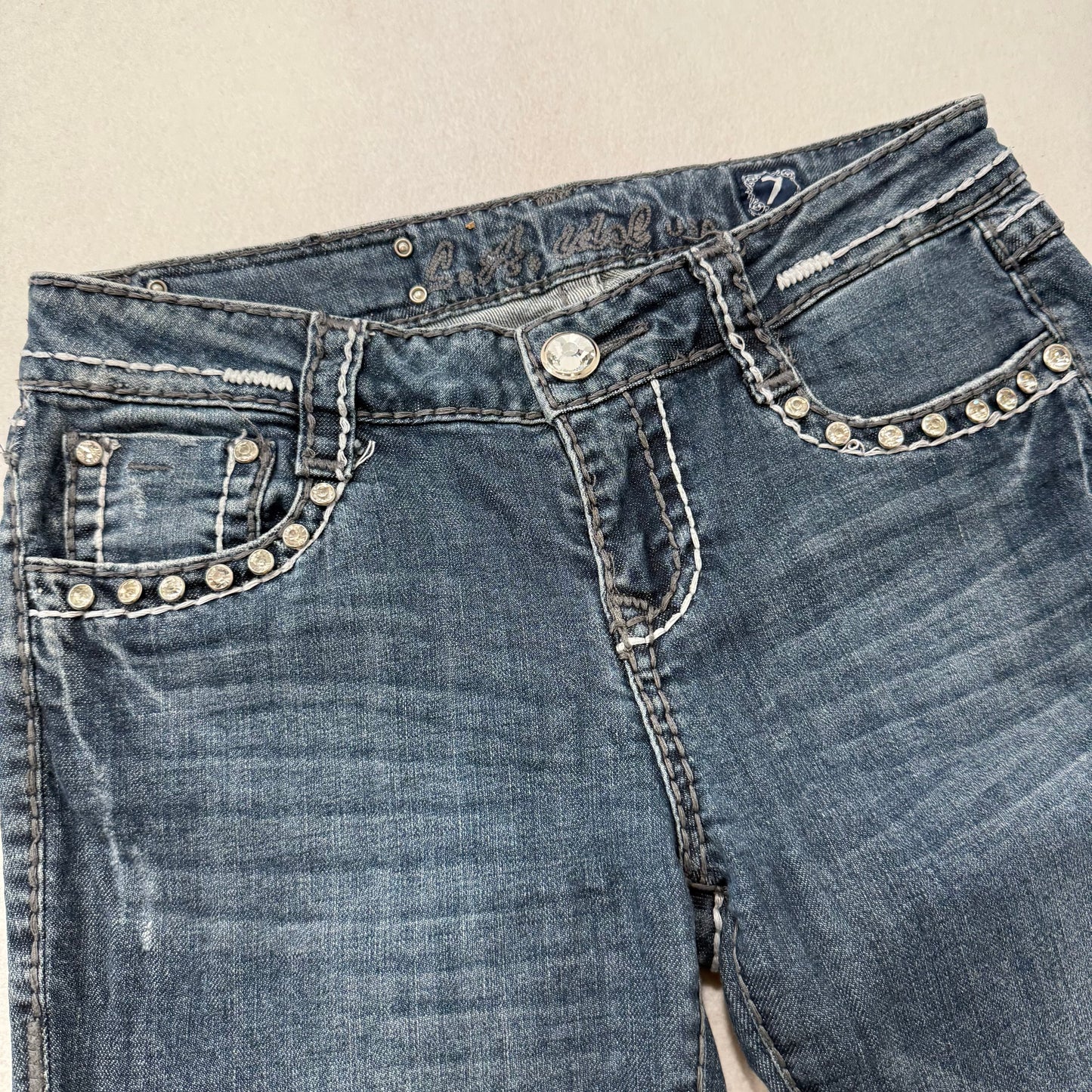 LA Idol Women's Dark Blue Denim Bootcut Jeans Rhinestone Back Flap Pocket Size 7