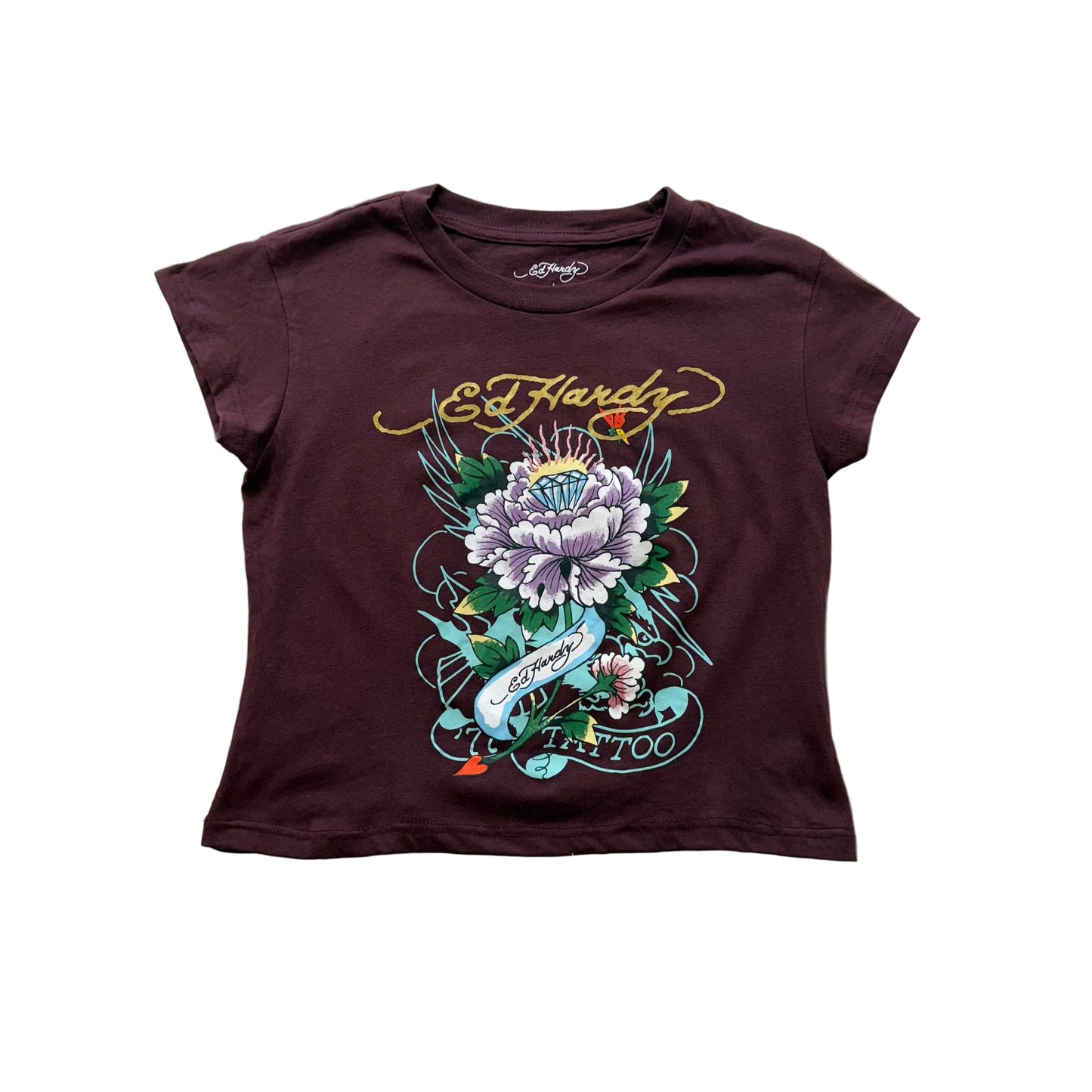 ED HARDY “Diamond Flower” CAP SLEEVE CROPPED BABY TEE