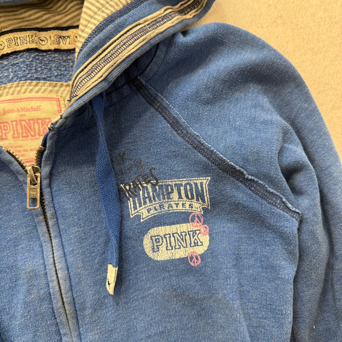 Vintage Victoria’s Secret PINK Blue Zip Hoodie Hampton Front 86 Back Size XS