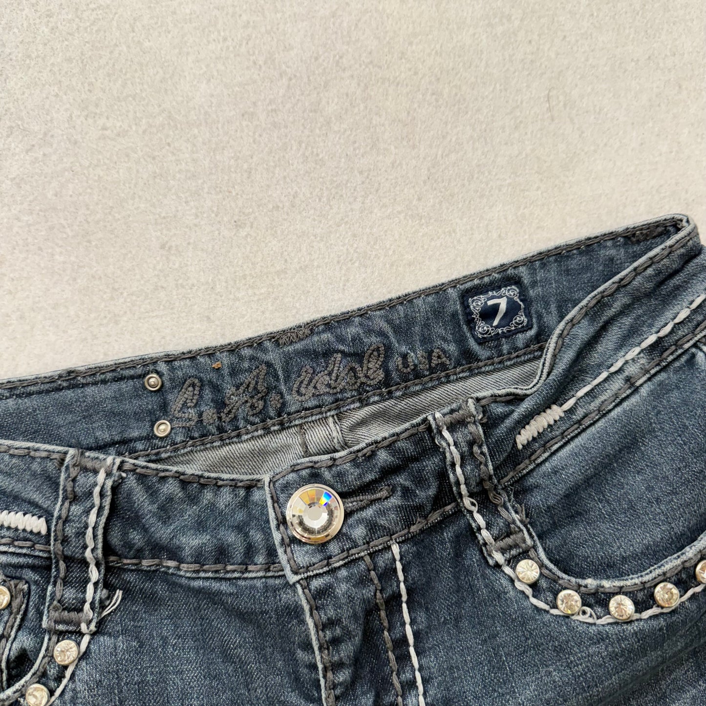 LA Idol Women's Dark Blue Denim Bootcut Jeans Rhinestone Back Flap Pocket Size 7