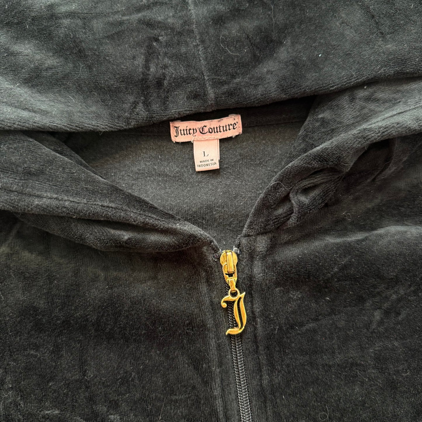 Juicy Couture Womens Black Velour Zip-Up Hoodie Sequin Graphic Crest Logo Size L