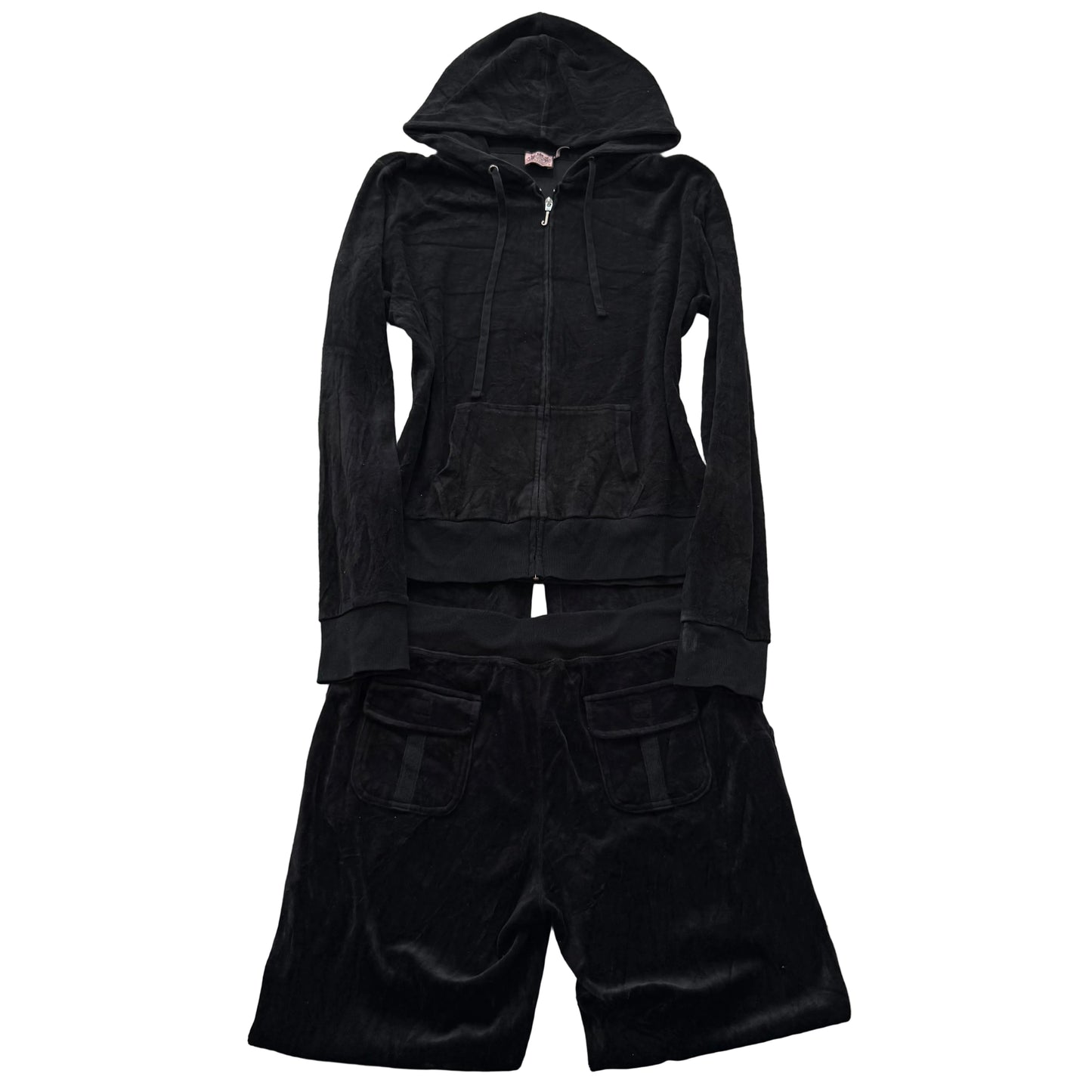 Juicy Couture Women's Black Velour Tracksuit Set Zip-Up Hoodie & Pant Size XL