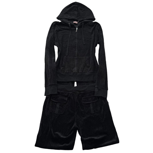Juicy Couture Women's Black Velour Tracksuit Set Zip-Up Hoodie & Pant Size XL