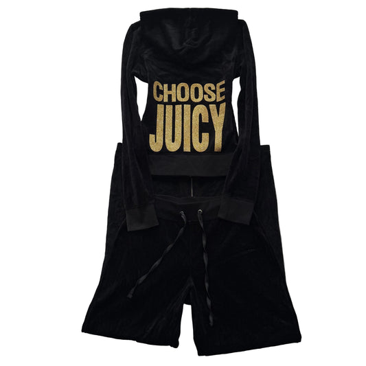 Vtg Juicy Couture Choose Juicy Black Velour Tracksuit Set Hoodie & Pant Size S