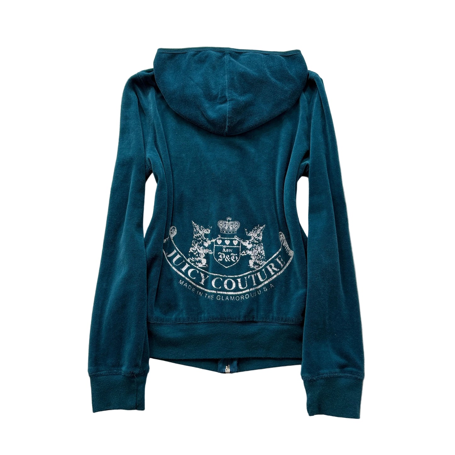 Vintage Juicy Couture Women's Teal Blue Velour Zip-Up Hoodie Graphic Logo Size S