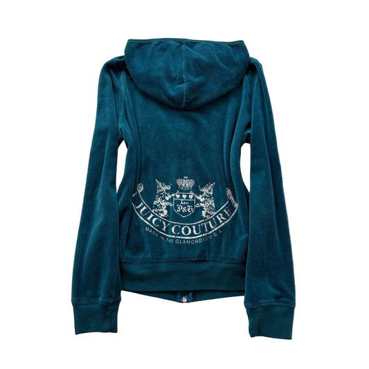 Vintage Juicy Couture Women's Teal Blue Velour Zip-Up Hoodie Graphic Logo Size S