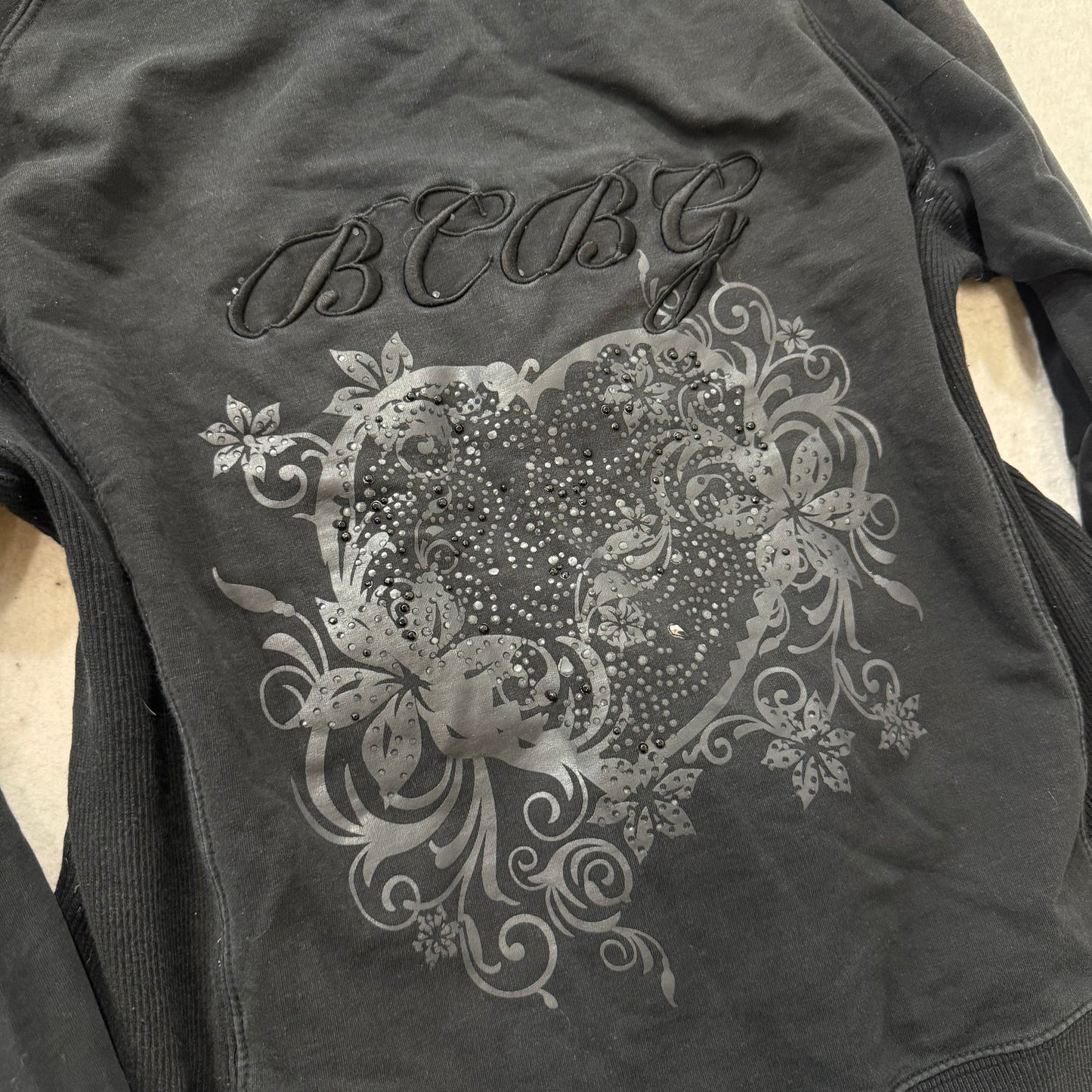 BCBG Max Azria Women's Charcoal Heart Embroidered Graphic Zip-Up Hoodie Size XL